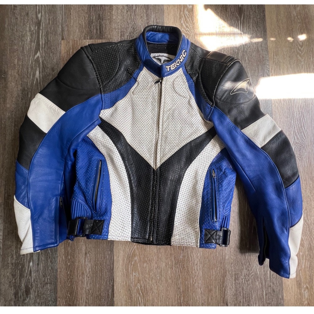 Teknic‎ Motorcycle Jacket Mens 44 Blue White Black Leather Padded Racing Gear